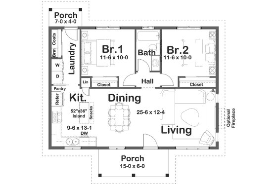 Floor Plan - Main Floor for Farmhouse House Plan #126-259 - 2 bed, 1 bath