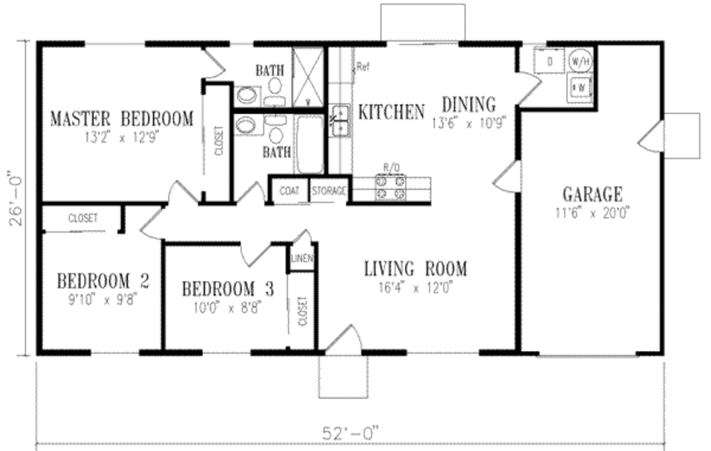 ranch style house plan - 3 beds 2 baths 1046 sq/ft plan #1-152