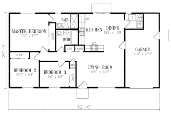 Floor Plan - Main Floor for Ranch House Plan #1-152 - 3 bed, 2 bath