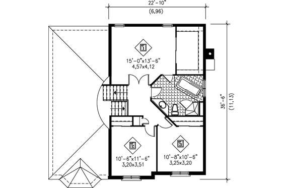 Floor Plan - Upper Floor for European House Plan #25-336 - 3 bed, 2 bath