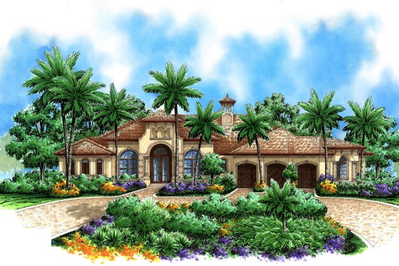 Exterior - Front Elevation for Mediterranean House Plan #27-414 - 3 bed, 3.5 bath