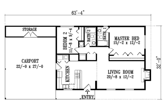 Floor Plan - Main Floor for Ranch House Plan #1-1049 - 2 bed, 2 bath