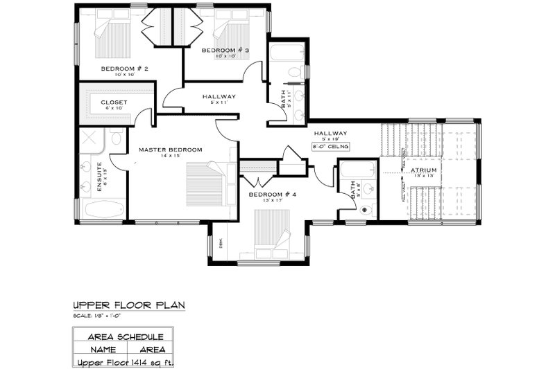 House Blueprint - Floor Plan - Upper Floor for European House Plan #1101-16 - 4 bed, 3.5 bath