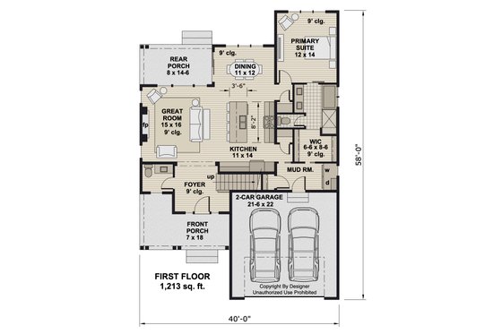 Floor Plan - Main Floor for Bungalow House Plan #51-1408 - 3 bed, 2.5 bath