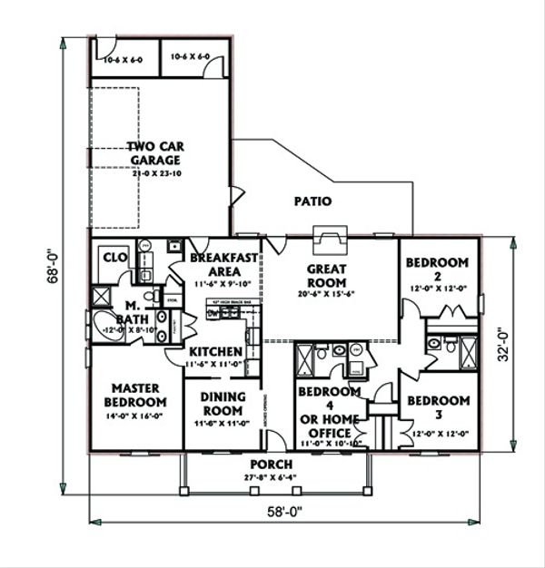 Ranch Style House Plan - 4 Beds 3 Baths 1856 Sq/Ft Plan #44-117