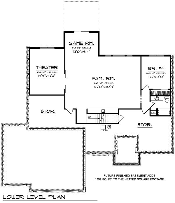 Architectural House Design - Ranch Floor Plan - Lower Floor Plan #70-1498