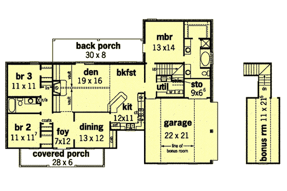 Floor Plan - Main Floor for Country House Plan #16-184 - 3 bed, 2 bath