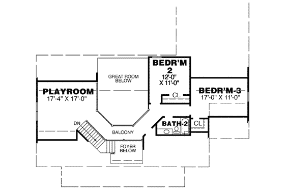 Floor Plan - Upper Floor for Southern House Plan #34-160 - 3 bed, 2.5 bath