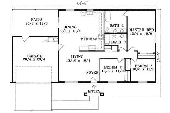 Floor Plan - Main Floor for Adobe / Southwestern House Plan #1-1256 - 3 bed, 2 bath