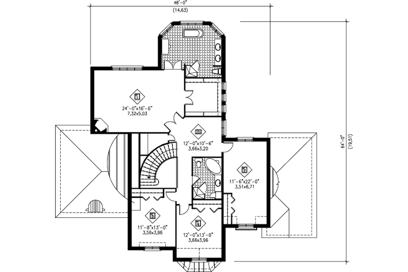 House Blueprint - Floor Plan - Upper Floor for European House Plan #25-236 - 4 bed, 2.5 bath