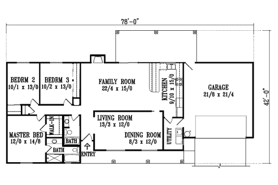 Floor Plan - Main Floor for Adobe / Southwestern House Plan #1-1322 - 3 bed, 2 bath