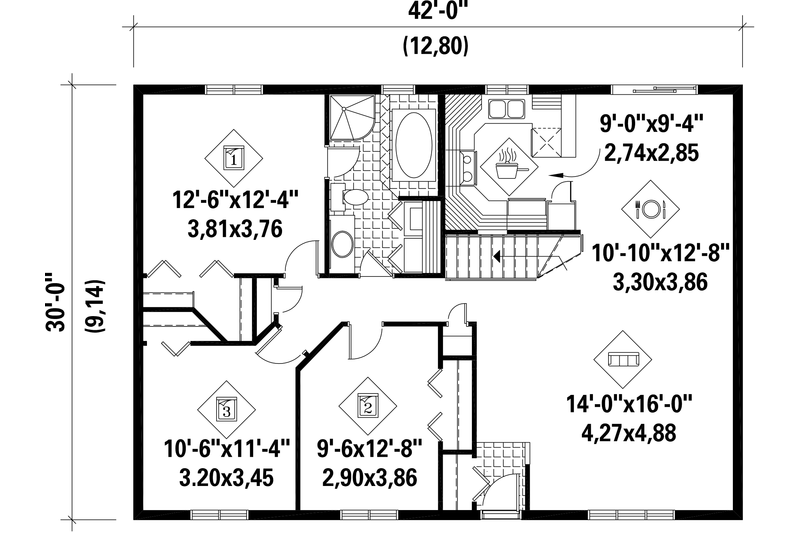 House Blueprint - Floor Plan - Main Floor for Country House Plan #25-4807 - 3 bed, 1 bath