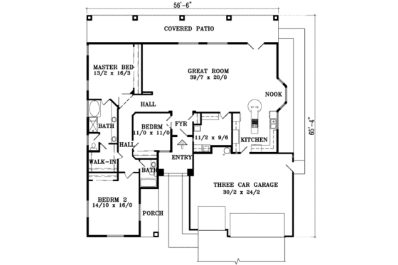 Floor Plan - Main Floor for Adobe / Southwestern House Plan #1-1450 - 3 bed, 2 bath