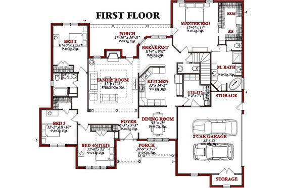 Floor Plan - Main Floor for European House Plan #63-187 - 4 bed, 2.5 bath