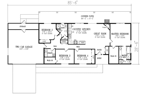 Floor Plan - Main Floor for Ranch House Plan #1-350 - 4 bed, 2 bath