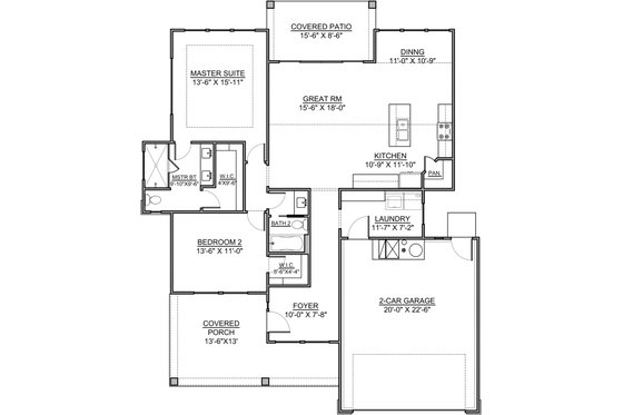 Floor Plan - Main Floor for Craftsman House Plan #1073-15 - 2 bed, 2 bath