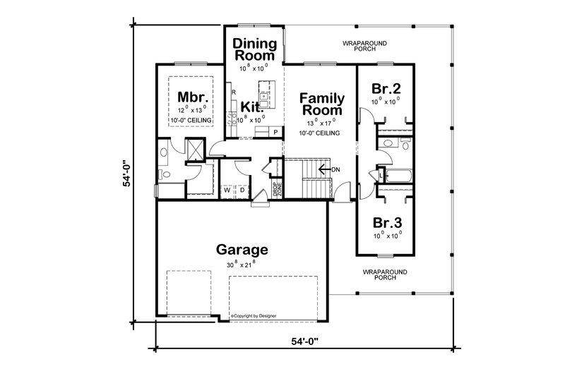 House Blueprint - Floor Plan - Main Floor for Farmhouse House Plan #20-2444 - 3 bed, 2 bath