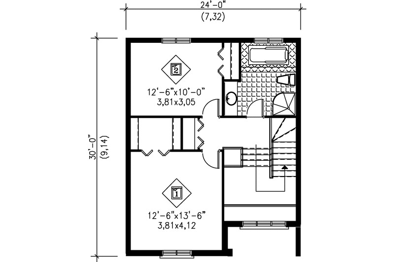 House Blueprint - Floor Plan - Upper Floor for European House Plan #25-2142 - 2 bed, 1.5 bath