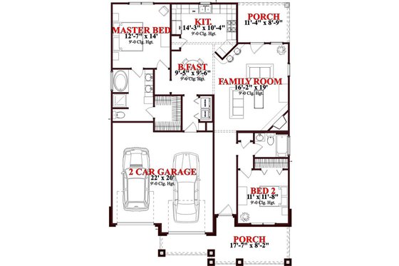 Floor Plan - Main Floor for Bungalow House Plan #63-235 - 2 bed, 2 bath