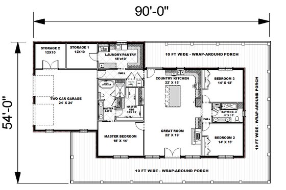 Floor Plan - Main Floor 1 for Country House Plan #44-259 - 3 bed, 2 bath