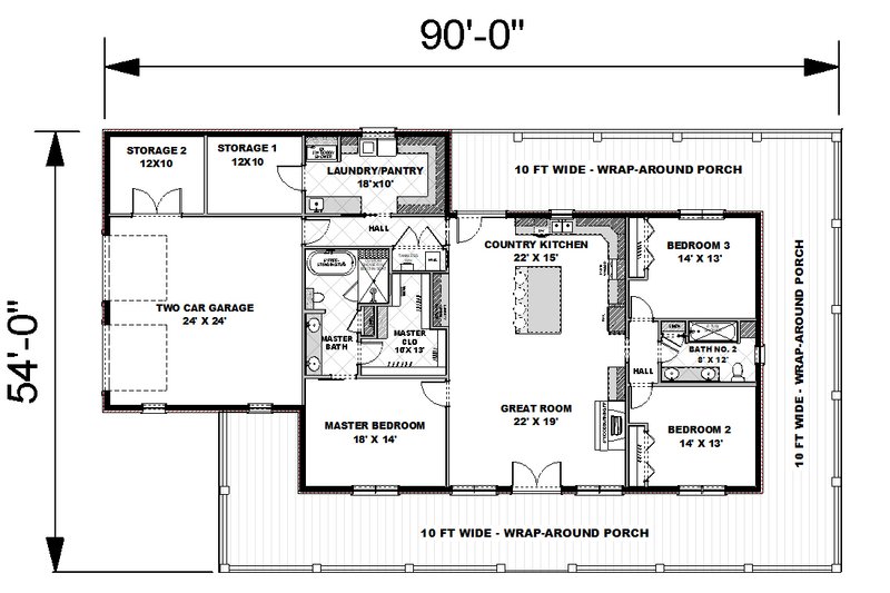 House Blueprint - Floor Plan - Main Floor 1 for Country House Plan #44-259 - 3 bed, 2 bath