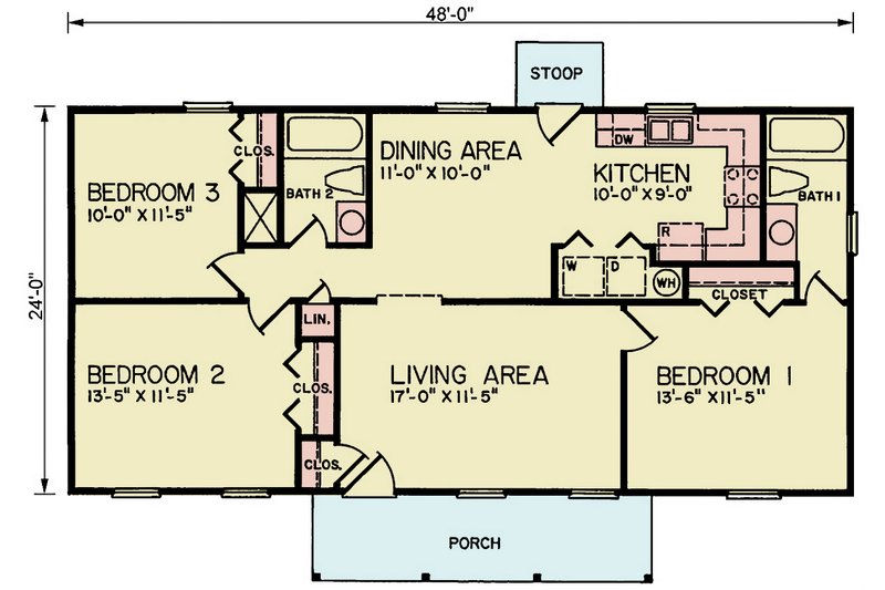 Architectural House Design - Floor Plan - Main Floor for Traditional House Plan #54-639 - 3 bed, 2 bath