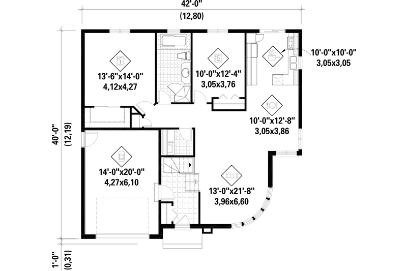 House Blueprint - Floor Plan - Main Floor for European House Plan #25-4535 - 2 bed, 1 bath