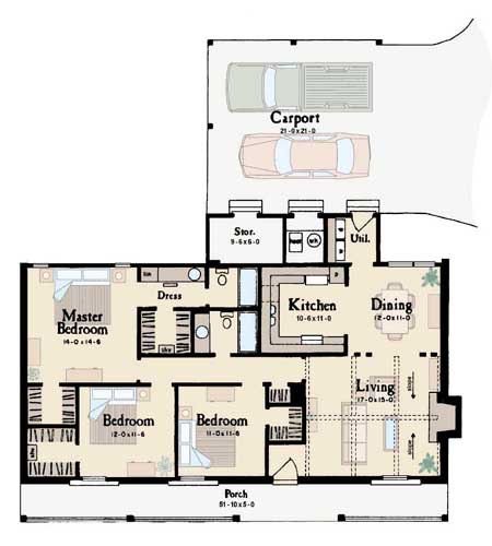 Ranch Style House Plan - 3 Beds 2 Baths 1365 Sq/Ft Plan #36-107 ...