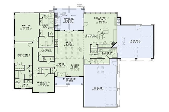Texas european ranch house plan with 4 garage bays or a large workshop.