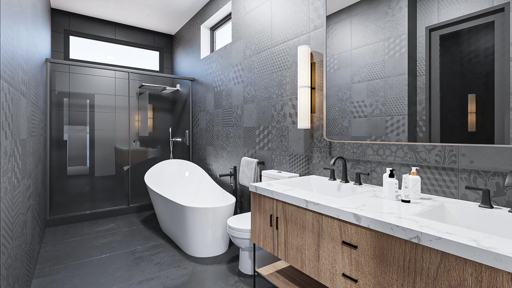 Bathroom with large shower, double sink, and tub