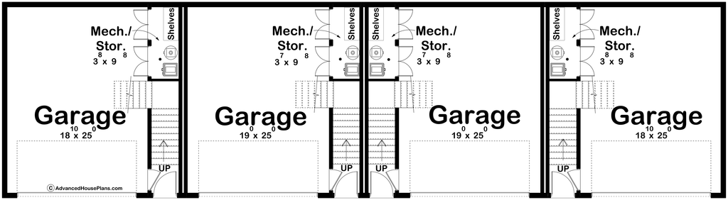 Ground floor plan for a quadplex townhome complex with garages