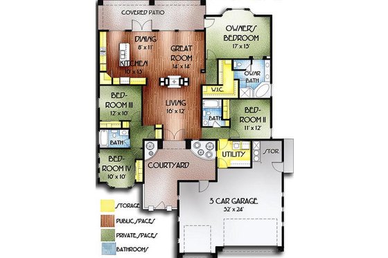 Floor Plan - Main Floor for Mediterranean House Plan #24-235 - 4 bed, 3 bath