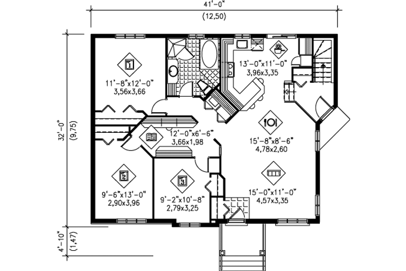 House Blueprint - Floor Plan - Main Floor for Traditional House Plan #25-1021 - 3 bed, 1 bath