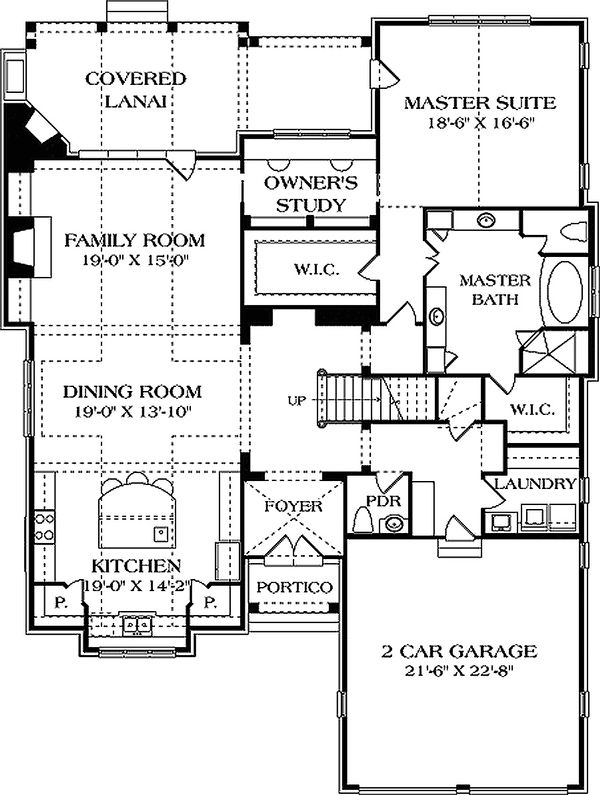 European style house plan, main level floor plan