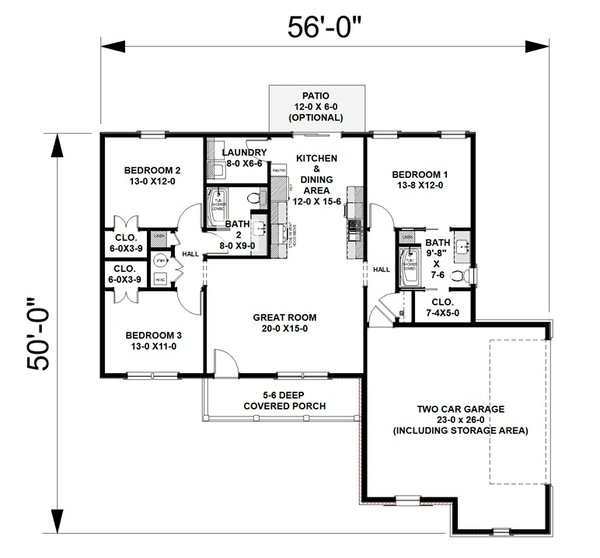 House Blueprint - Floor Plan - Main Floor for Farmhouse House Plan #44-312 - 3 bed, 2 bath
