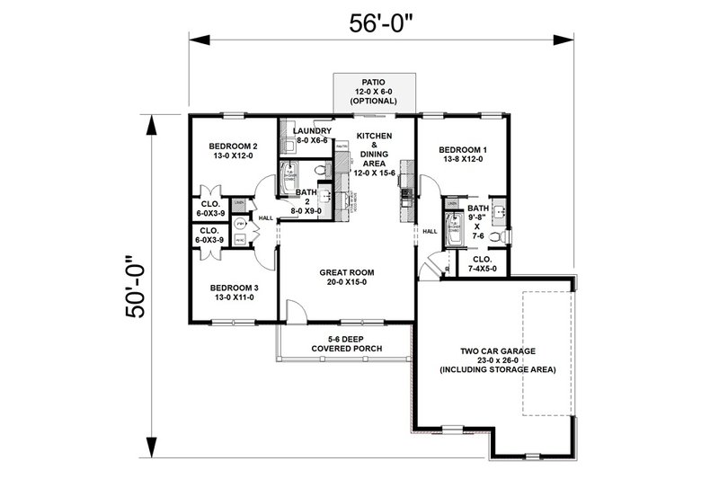House Blueprint - Floor Plan - Main Floor for Farmhouse House Plan #44-312 - 3 bed, 2 bath