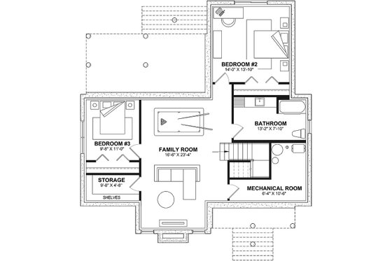 Floor Plan - Lower Floor for Bungalow House Plan #23-2784 - 3 bed, 2 bath