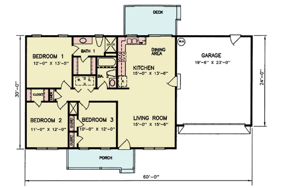 Floor Plan - Main Floor for Ranch House Plan #54-602 - 3 bed, 2 bath