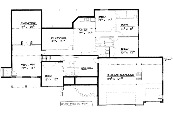 Floor Plan - Lower Floor for European House Plan #308-175 - 8 bed, 4.5 bath
