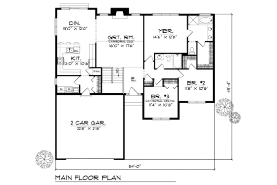 Floor Plan - Main Floor for Traditional House Plan #70-164 - 3 bed, 2 bath