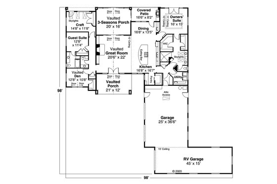 Floor Plan - Main Floor for Craftsman House Plan #124-1182 - 2 bed, 2.5 bath