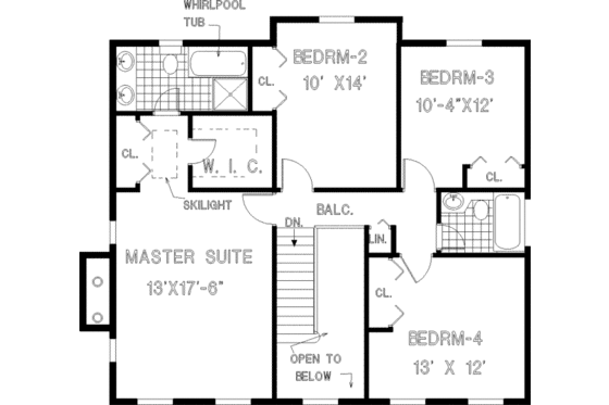 Floor Plan - Upper Floor for Colonial House Plan #3-170 - 4 bed, 2.5 bath