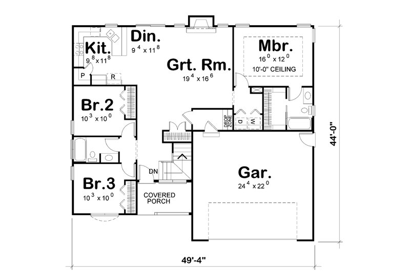 Architectural House Design - Floor Plan - Main Floor for Traditional House Plan #20-2423 - 3 bed, 2 bath
