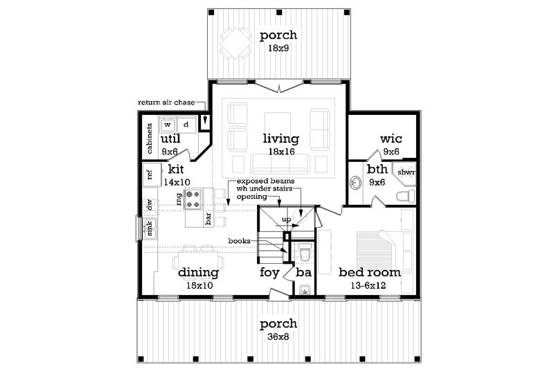 House Plan Design - Floor Plan - Main Floor for Southern House Plan #45-601 - 1 bed, 1.5 bath