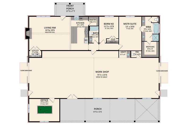 Dream House Plan - Floor Plan - Main Floor for Barndominium House Plan #1081-30 - 2 bed, 2.5 bath
