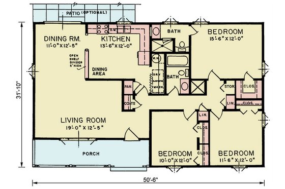 Floor Plan - Main Floor for Traditional House Plan #54-640 - 3 bed, 2 bath