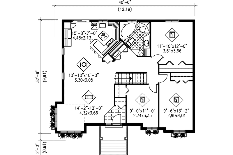 House Blueprint - Floor Plan - Main Floor for European House Plan #25-1015 - 3 bed, 1 bath