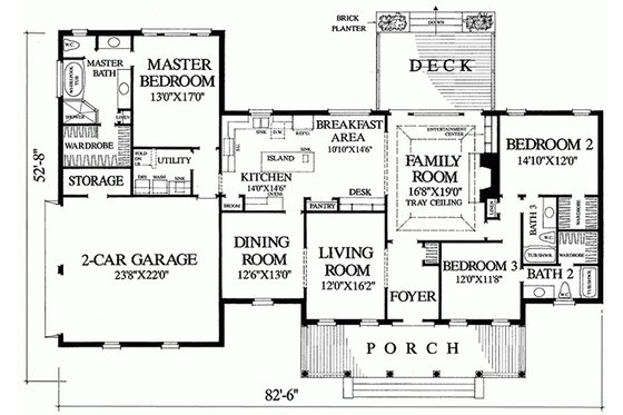 Southern style house plan, main level floorplan