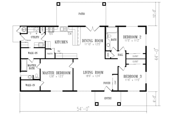 Floor Plan - Main Floor for Ranch House Plan #1-288 - 3 bed, 2 bath