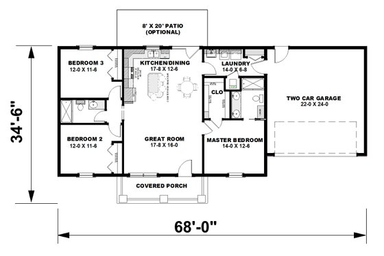 Floor Plan - Main Floor for Ranch House Plan #44-257 - 3 bed, 2 bath